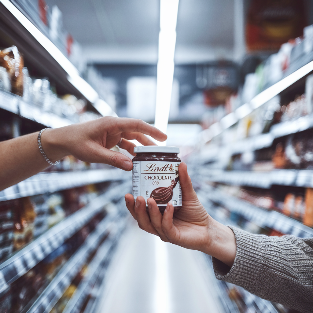 Main d'un consommateur prenant un pot de Lindt au supermarché
