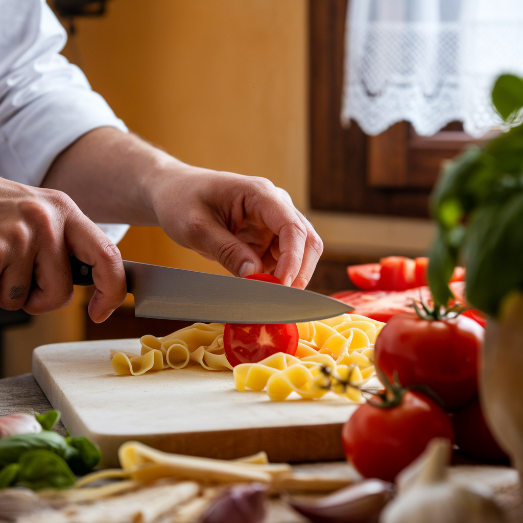 Chef préparant des pâtes italiennes avec des ingrédients frais