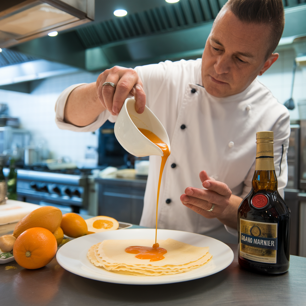 Chef moderne préparant des crêpes Suzette dans une cuisine de restaurant