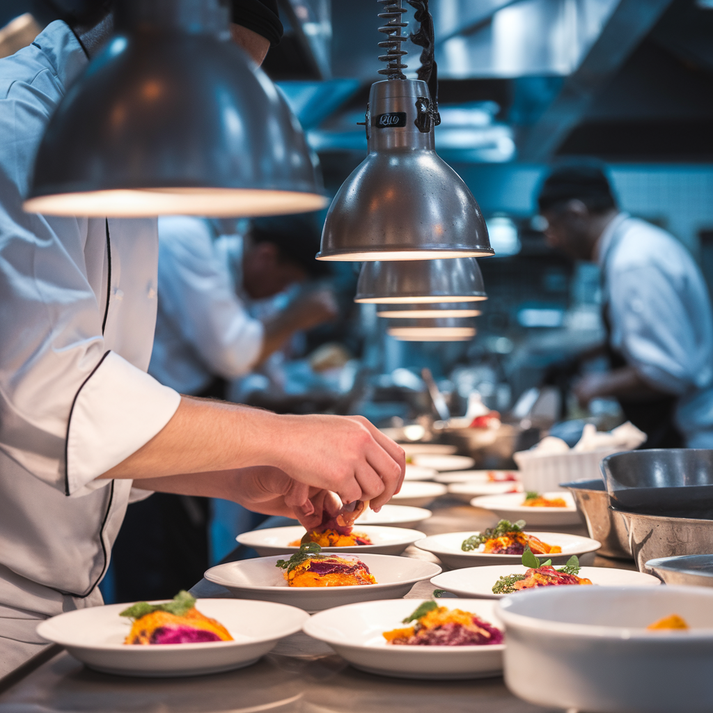 Chef préparant un plat dans une cuisine ouverte