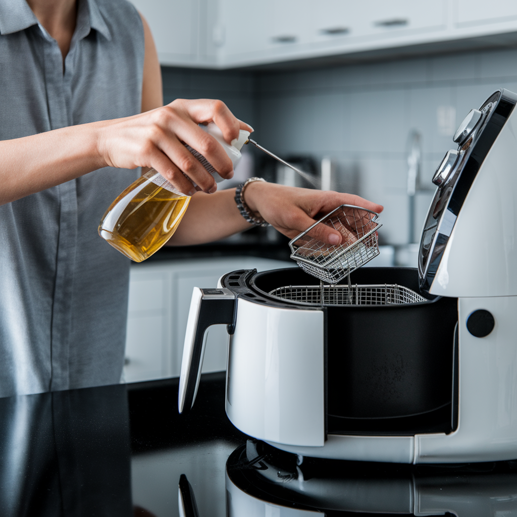 Personne utilisant un spray d'huile sur un airfryer