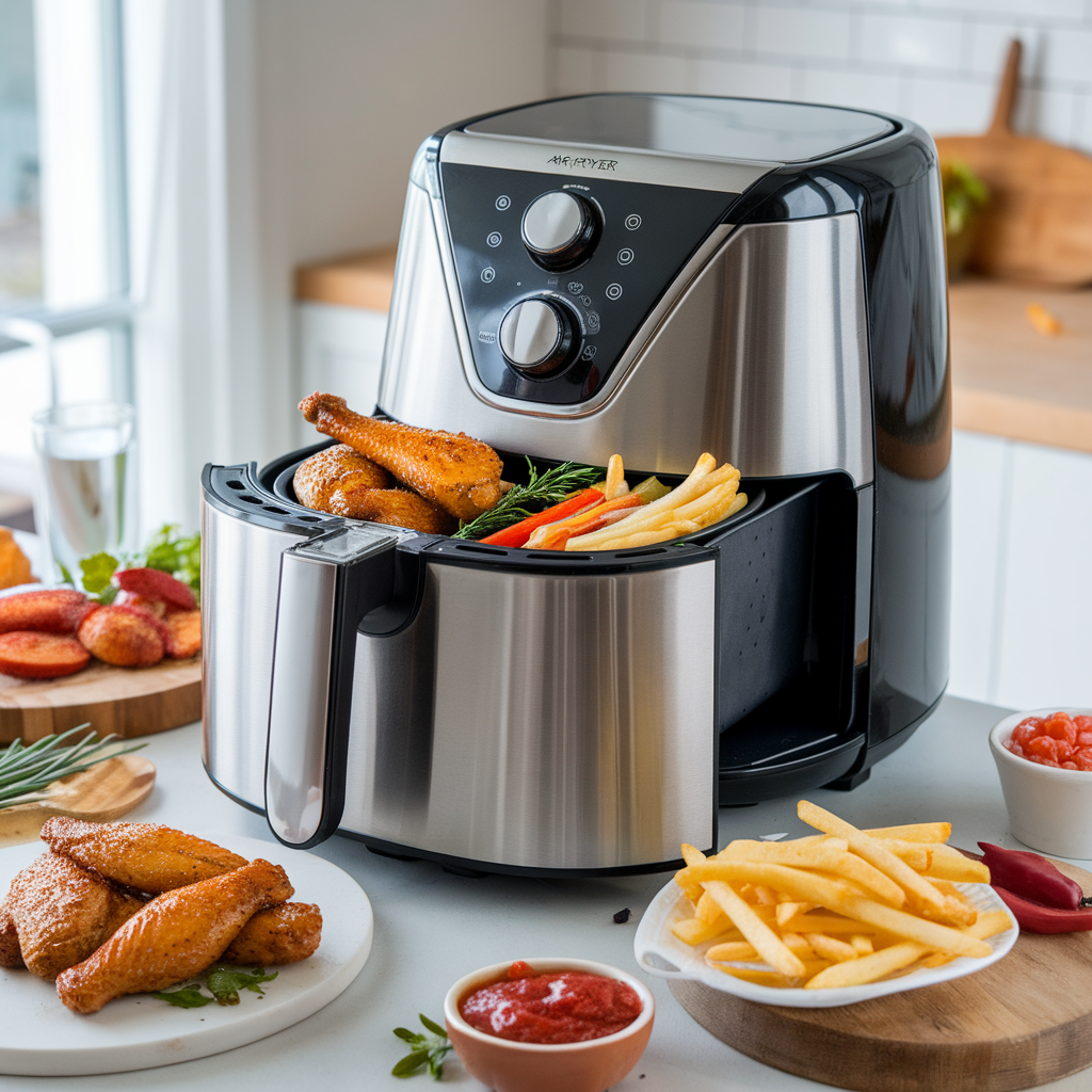 Airfryer avec ailes de poulet, légumes et frites
