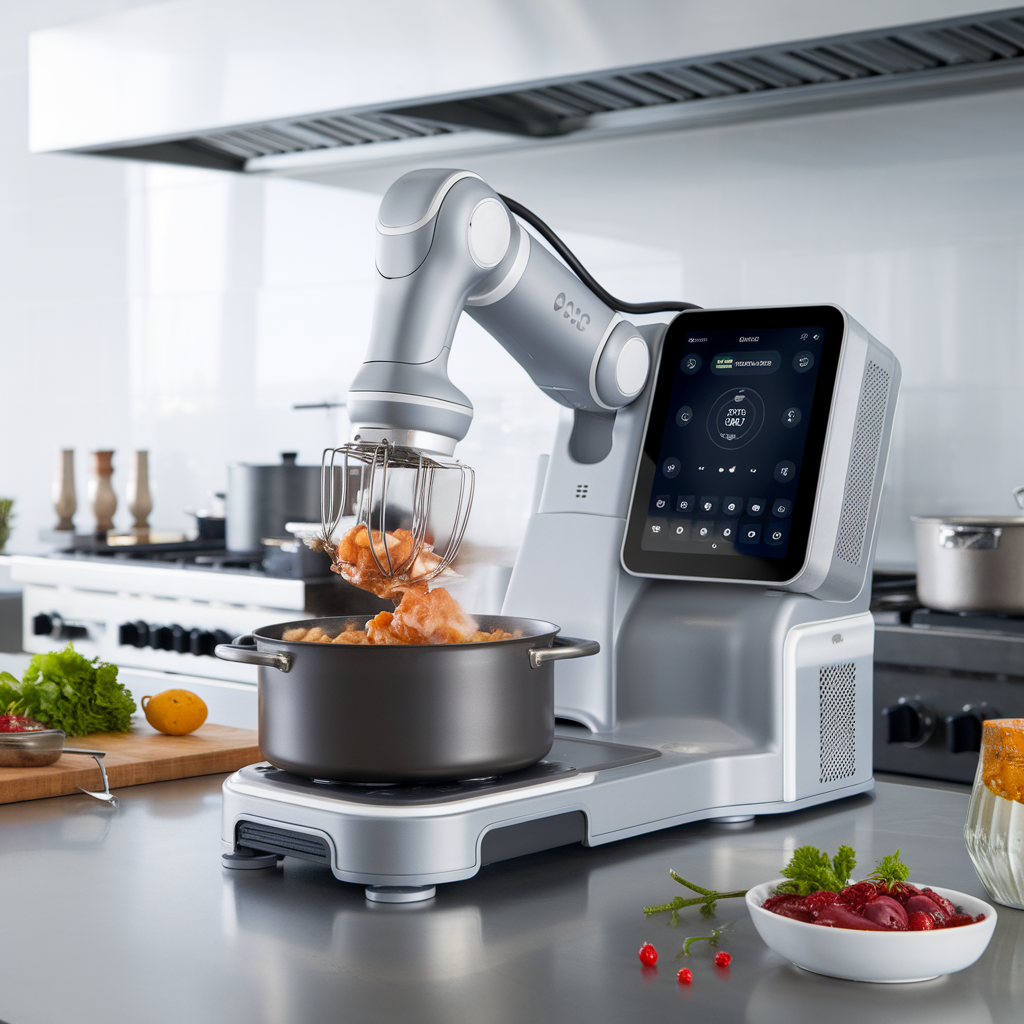 Robot cuiseur multifonction en action dans une cuisine moderne
