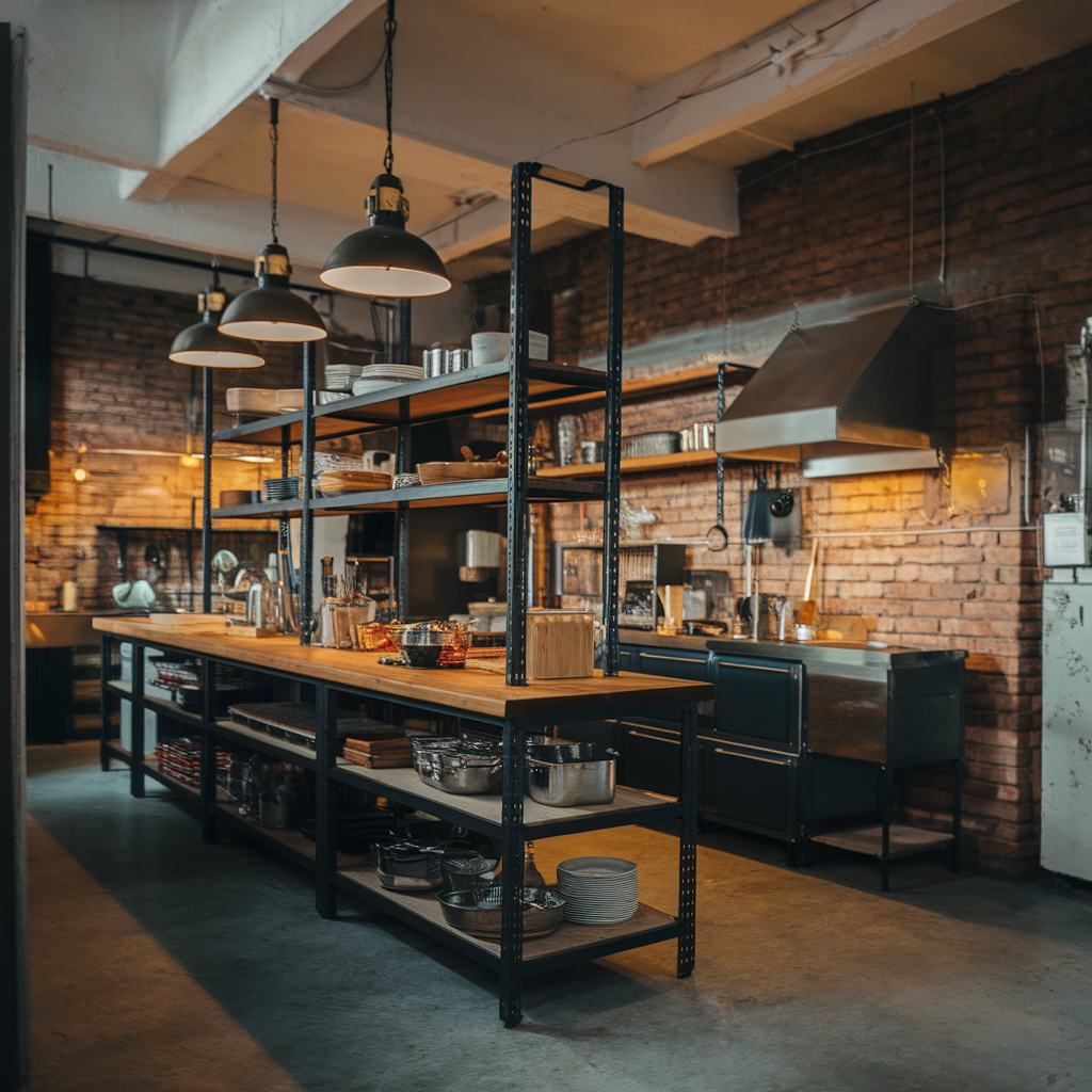 Cuisine industrielle avec murs en briques apparentes