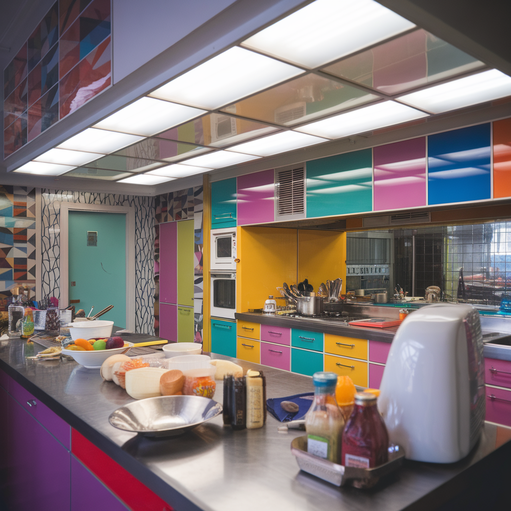 Cuisine style années 80 avec appareils colorés