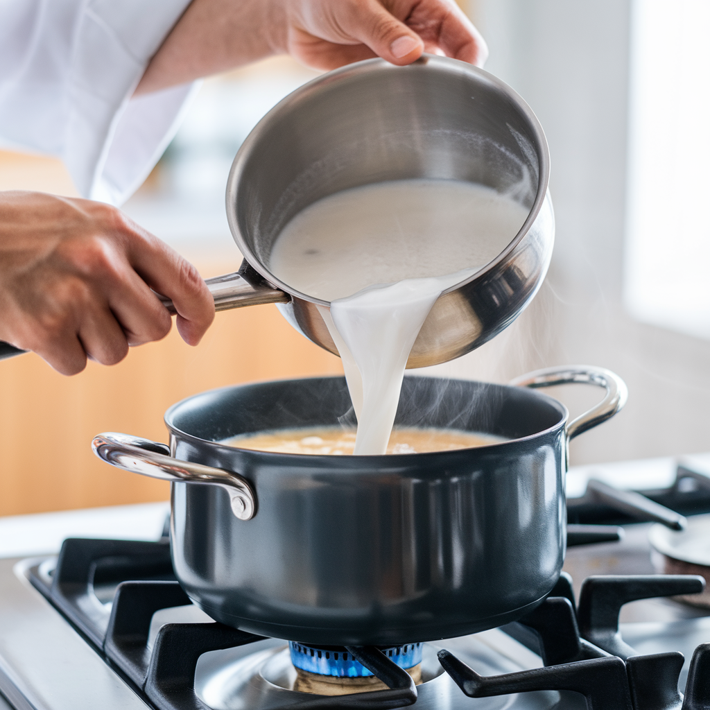 Chef mélangeant du lait de coco dans une soupe sur le feu