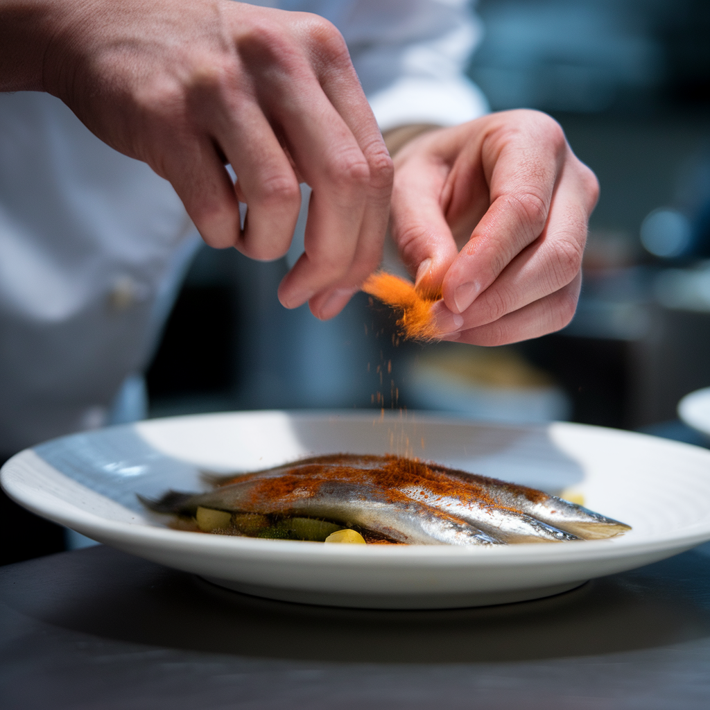 Chef ajoutant des épices à un plat de hareng