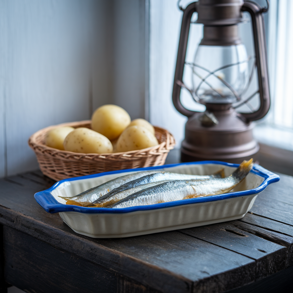 Hareng fumé avec pommes de terre sur une table en bois
