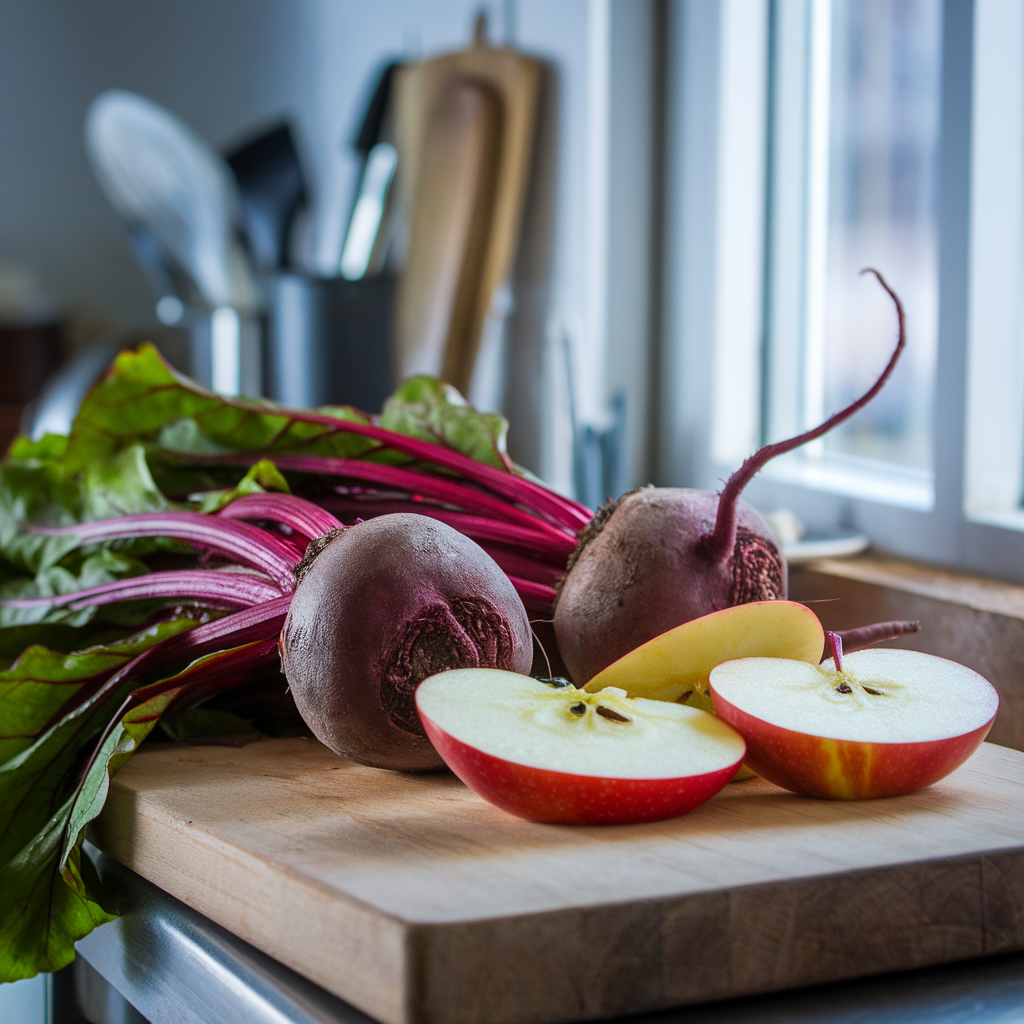 Betteraves et pommes fraîches prêtes à être coupées