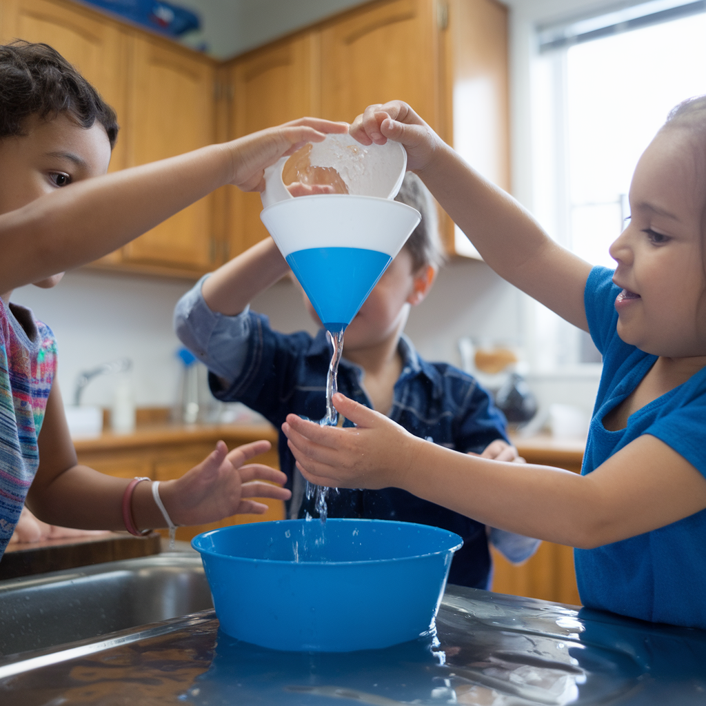 Des enfants jouent avec un entonnoir et de l'eau