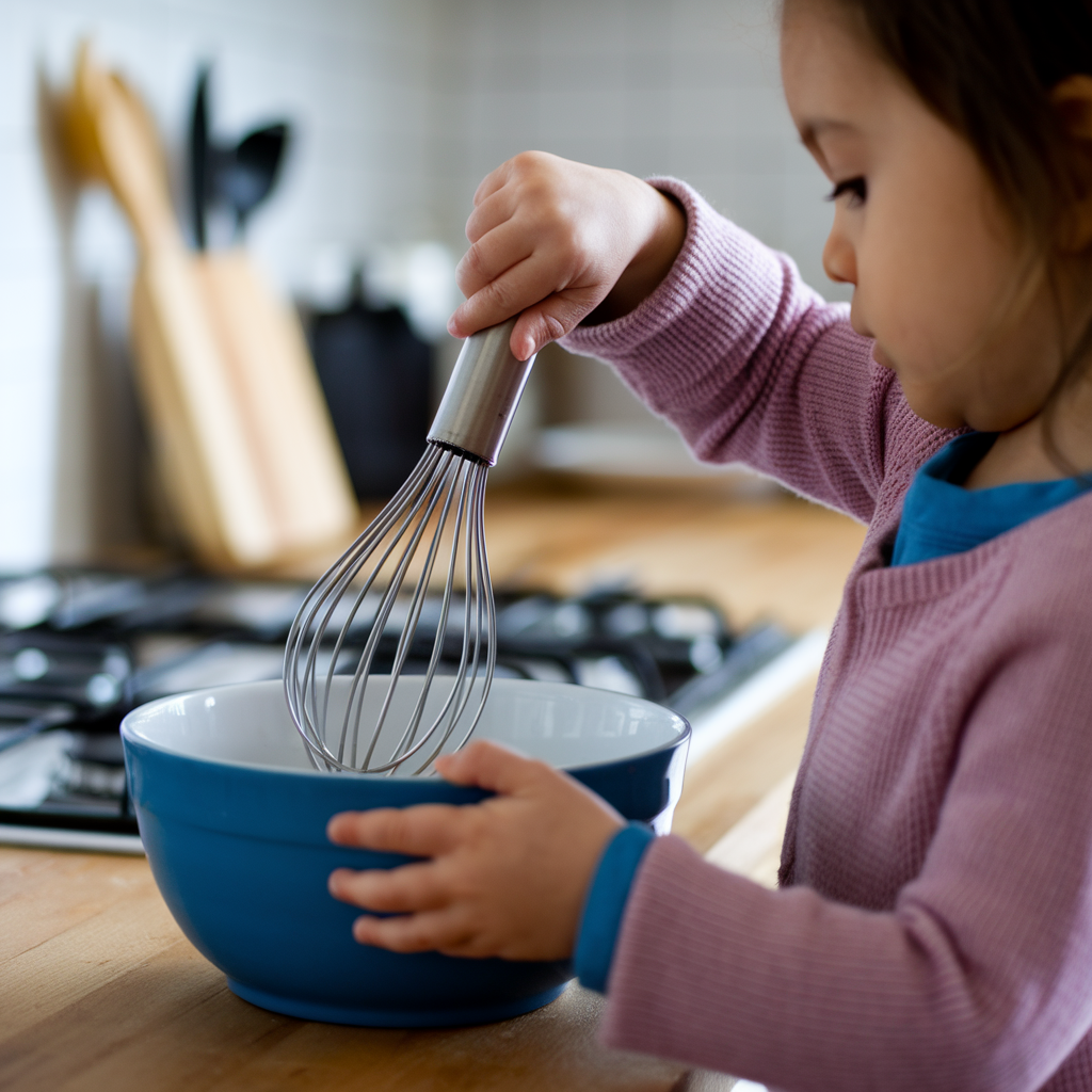 Un enfant utilise un fouet et un bol