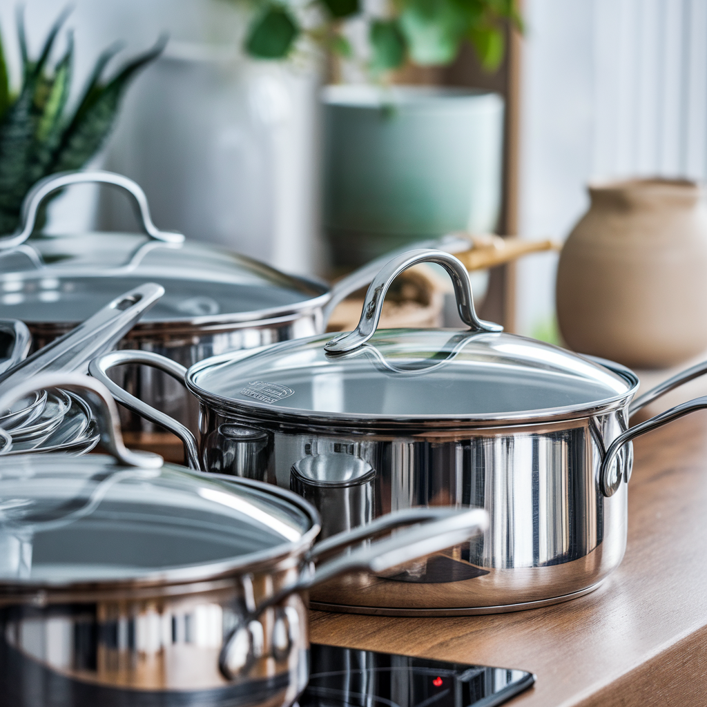Casseroles en acier inoxydable sur une table en bois