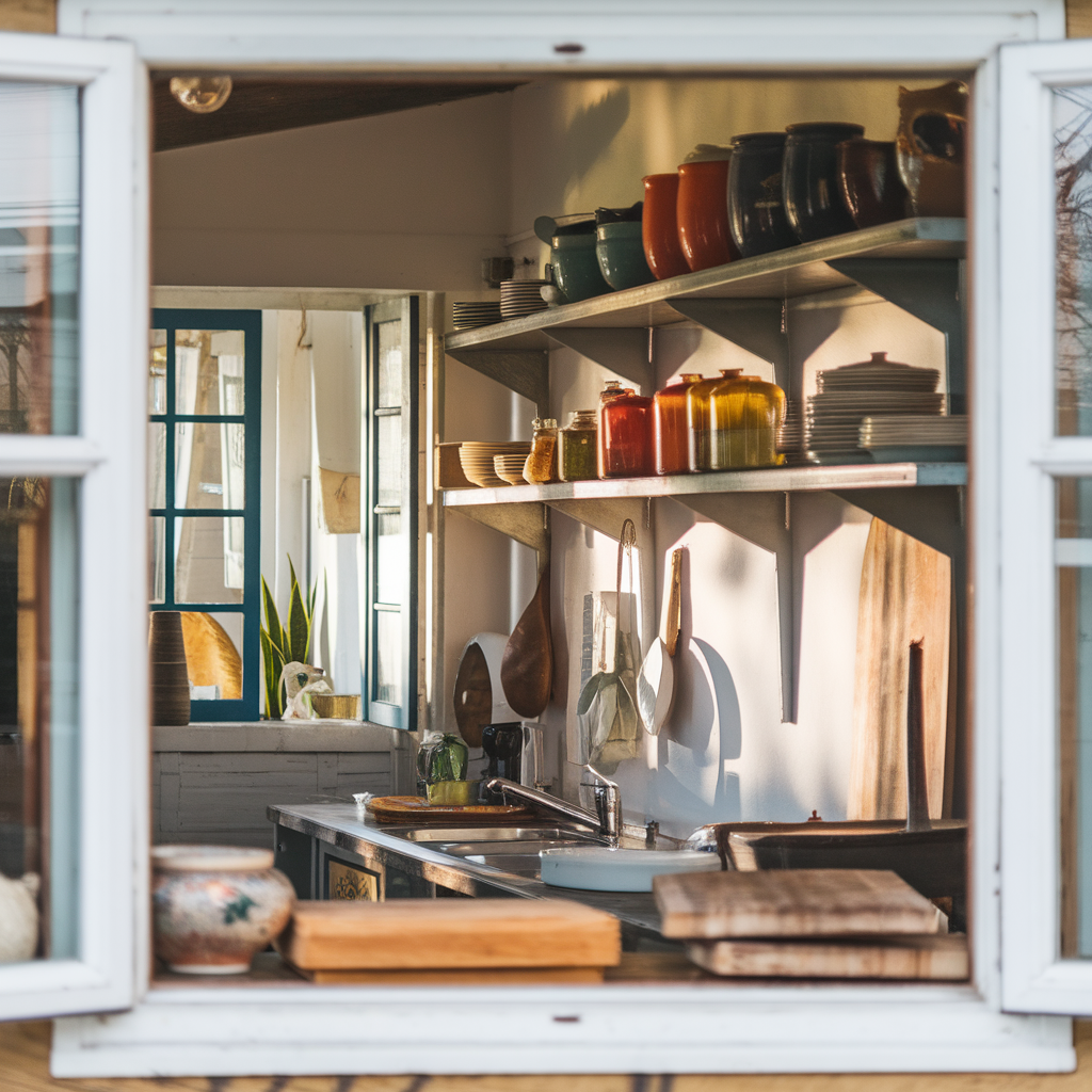 Étagères de cuisine avec vaisselle vintage et bocaux colorés