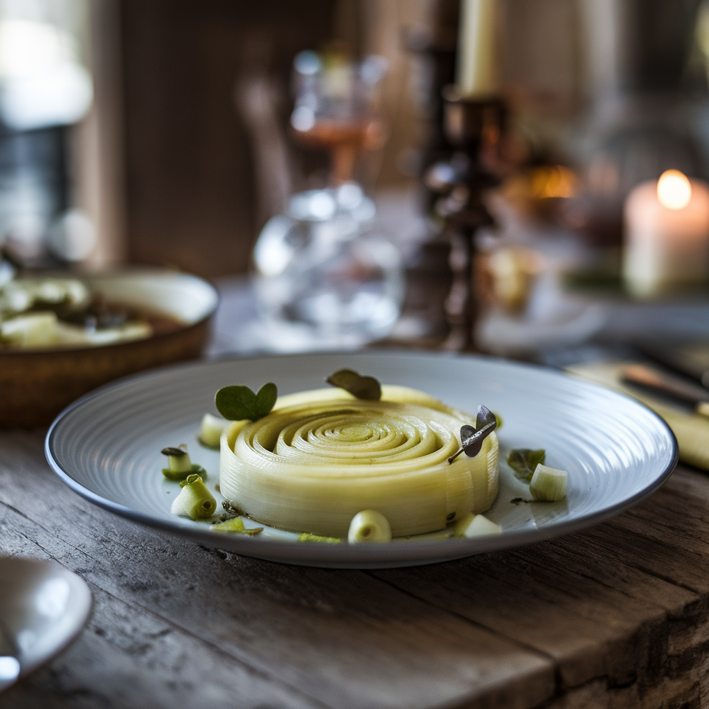 Plat de poireaux élégamment dressé sur une table en bois