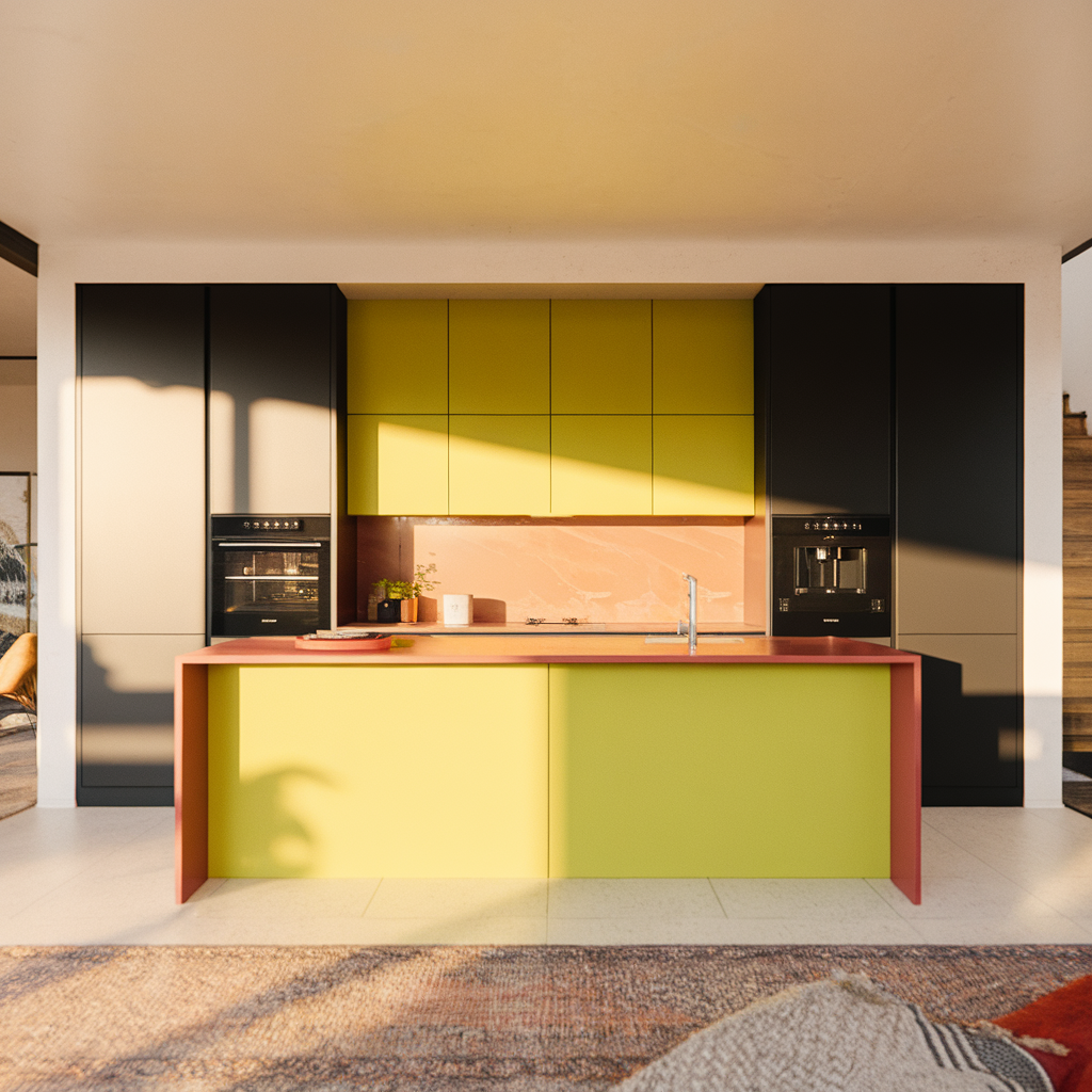 Îlot de cuisine avec couleurs contrastantes, vert profond et noir mat