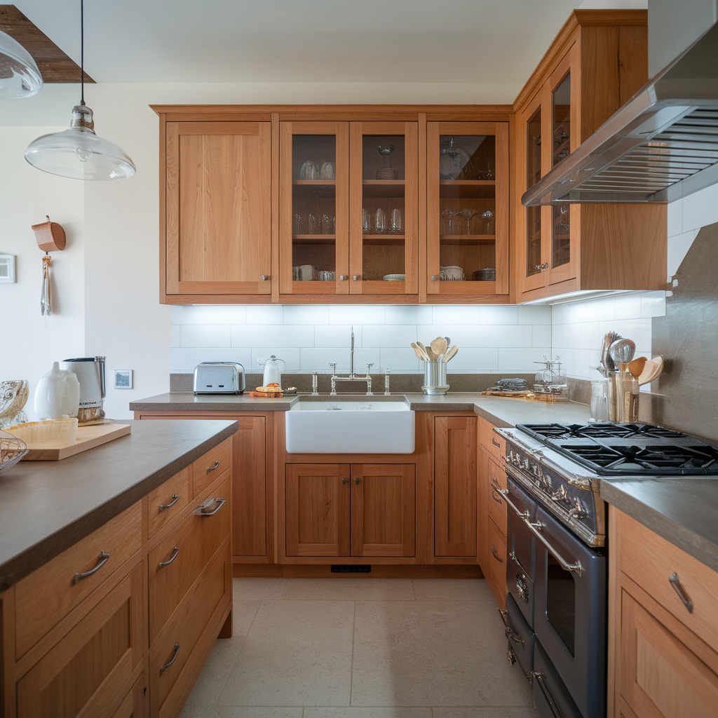 Cuisine avec finitions en bois naturel et plan de travail en quartz